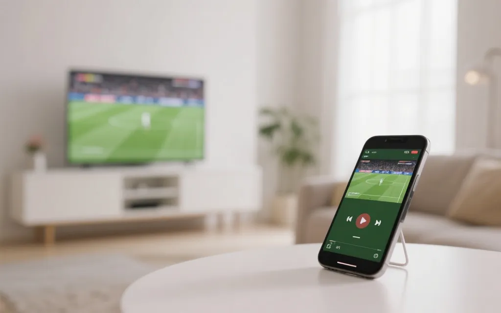 手机与电视投屏的世界杯观赛设置示意，简洁现代风