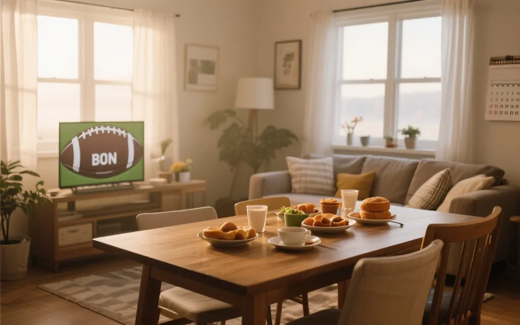 清晨观赛的生活方式：早餐、日历与电视画面
